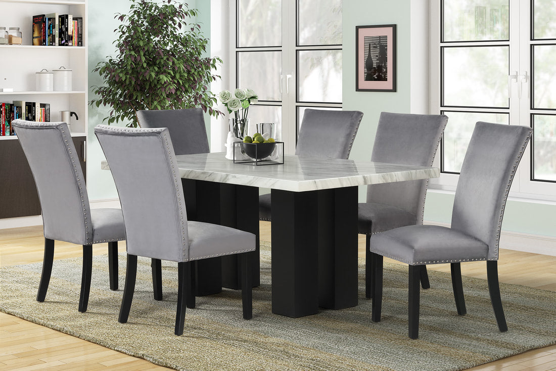 1220 - (FAUX MARBLE) Grey Dining Table + 6 Chair Set