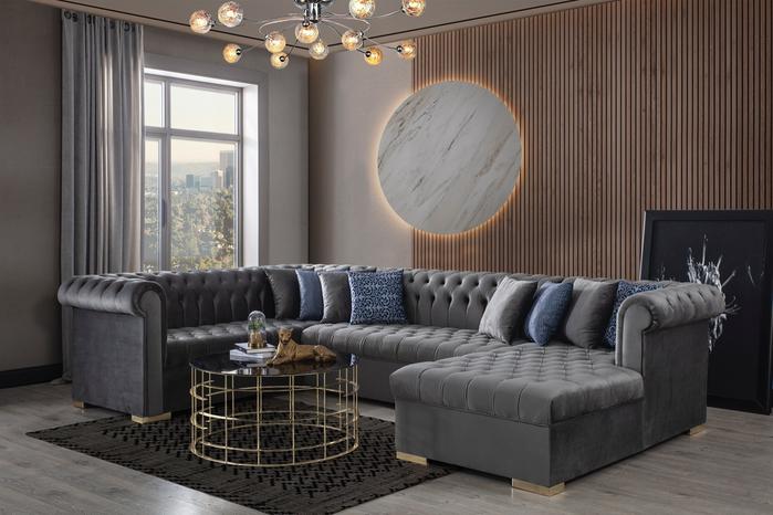 Luxen Velvet Gray RAF Chaise Sectional.Coming Soon.