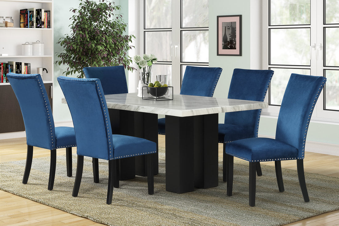 1220 - (FAUX MARBLE) Blue Dining Table + 6 Chair Set